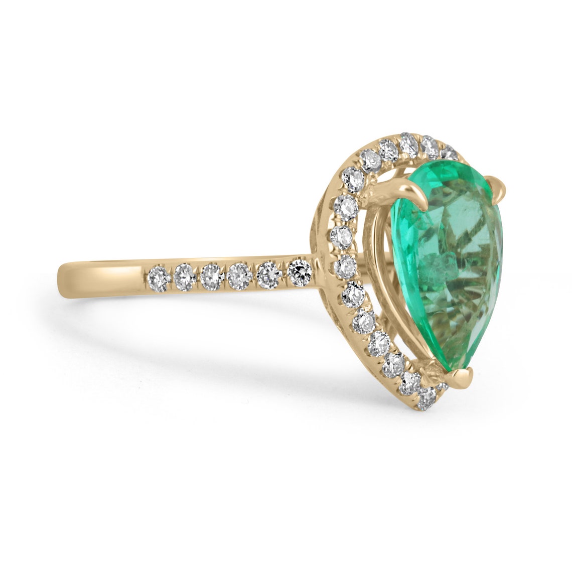 2.25tcw Teardrop Colombian Emerald-Pear Cut Fine High Quality Diamond Halo Engagement 14K - JR Colombian Emeralds