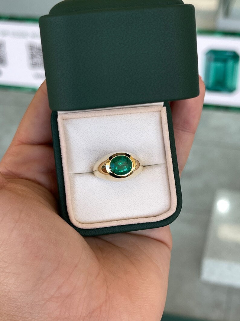 2.30ct 18K Dark Green Earth Mined Round Mens Emerald Bezel Solitaire Solid Yellow Gold Pinky Ring - JR Colombian Emeralds