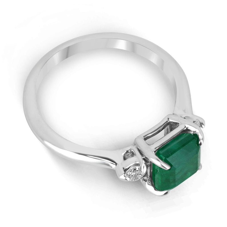 Dark green genuine emerald Asscher cut and diamond 3-stone engagement ring in 14K gold with Colombian Emerald branding