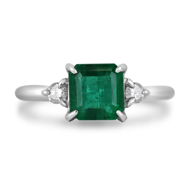 Dark green genuine emerald Asscher cut and diamond 3-stone engagement ring in 14K gold, featuring Colombian Emerald brand.
