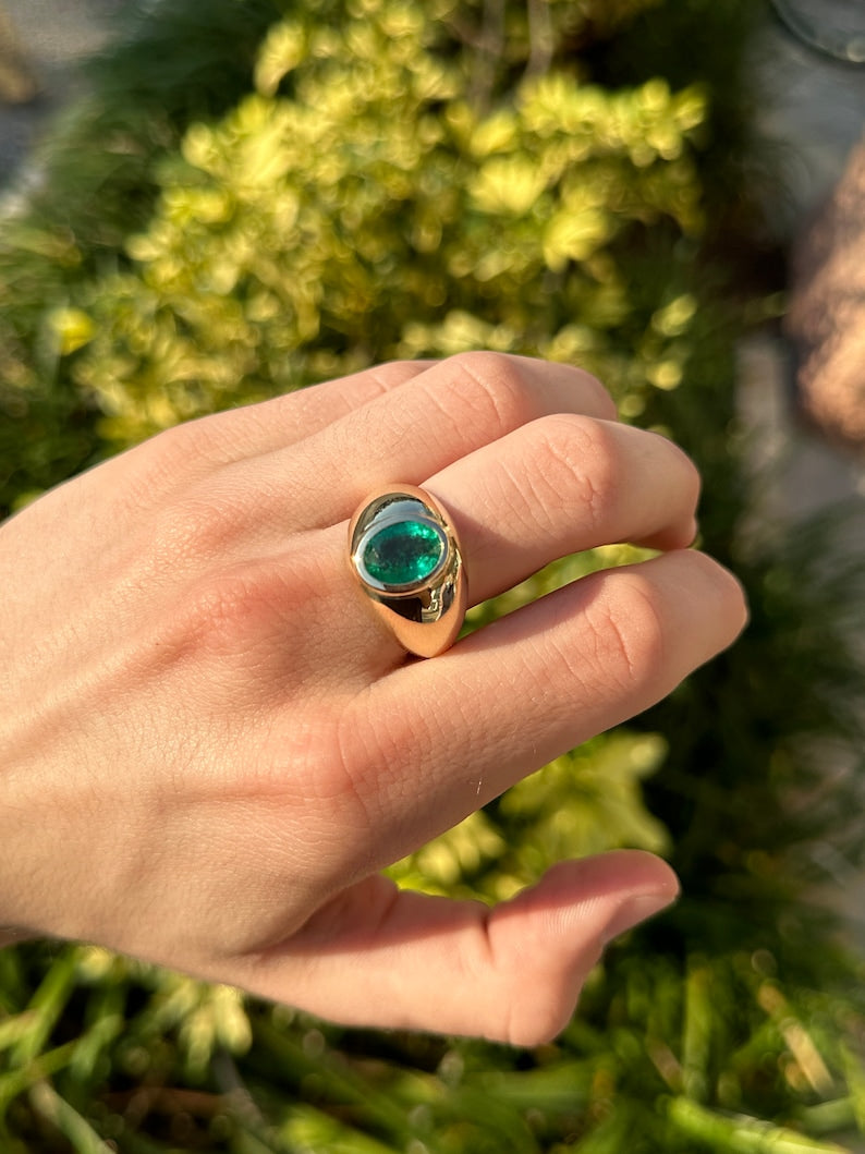 2.60ct 14K Large Chunky Men's Solitaire Oval Cut Natural Medium Dark Green Emerald Statement Ring - JR Colombian Emeralds
