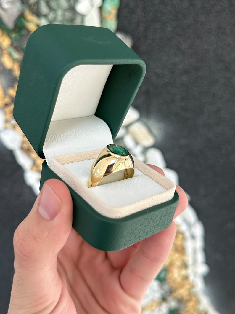 2.60ct 14K Large Chunky Men's Solitaire Oval Cut Natural Medium Dark Green Emerald Statement Ring - JR Colombian Emeralds