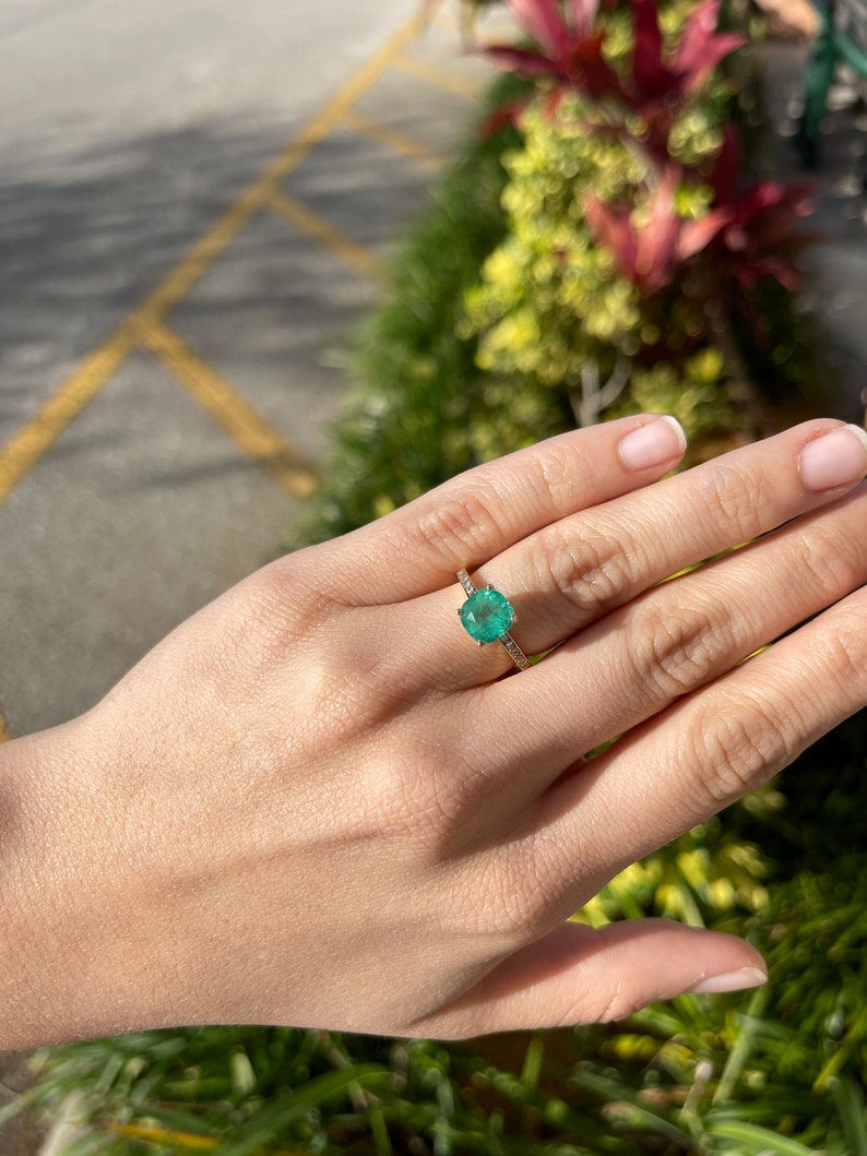 Colombian Emerald & Diamond Accent Cushion Cut Engagement Ring