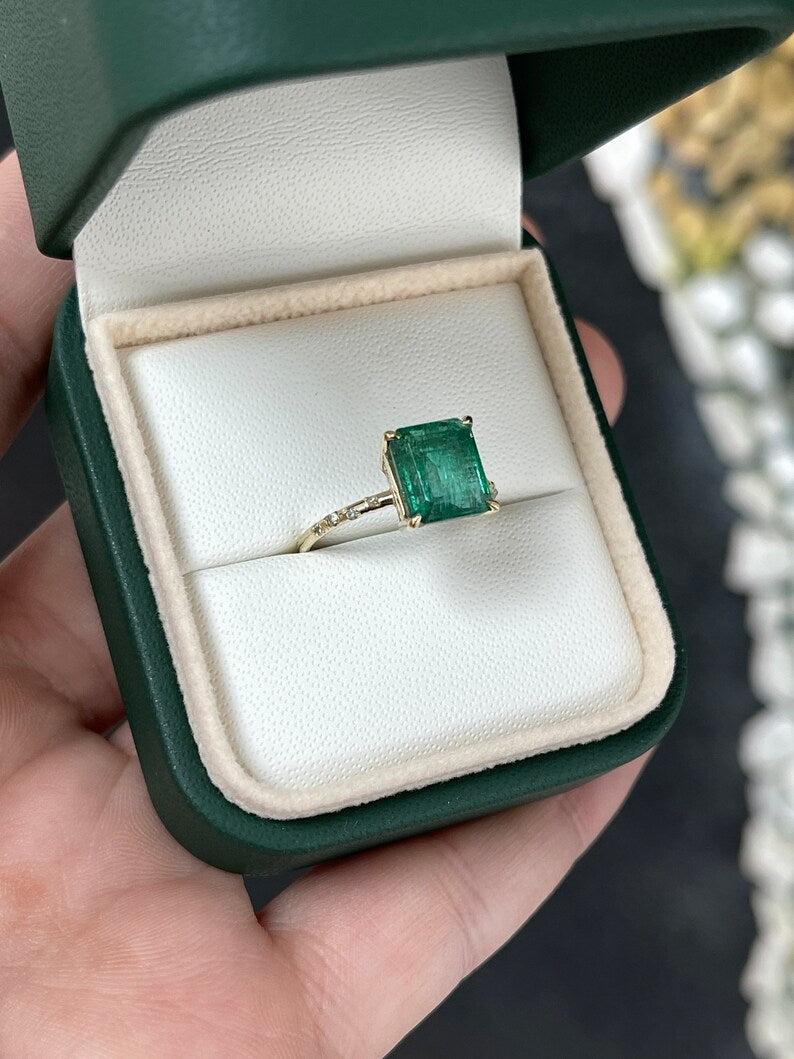 Dark emerald and diamond accent engagement ring in 14K gold with 2.68 carats total weight, featuring Colombian Emerald branding.