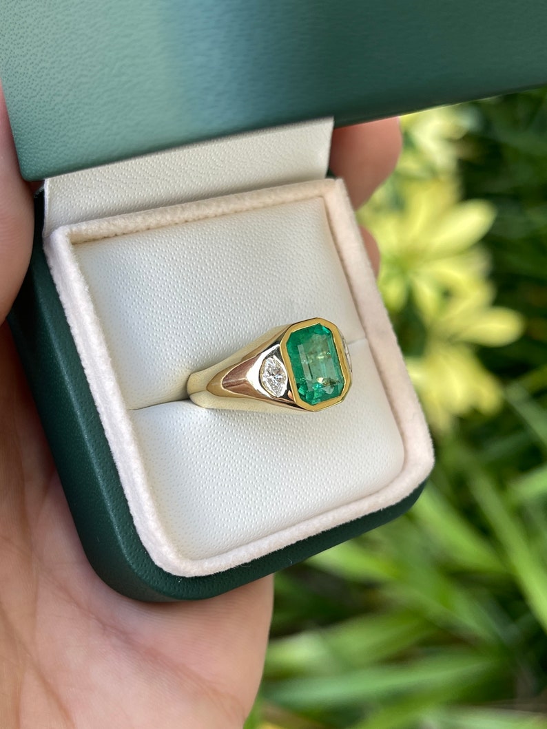 2.80tcw 18K Vivid Medium Green Natural Emerald Cut & Marquise Diamond 3 Stone Bezel Ring - JR Colombian Emeralds