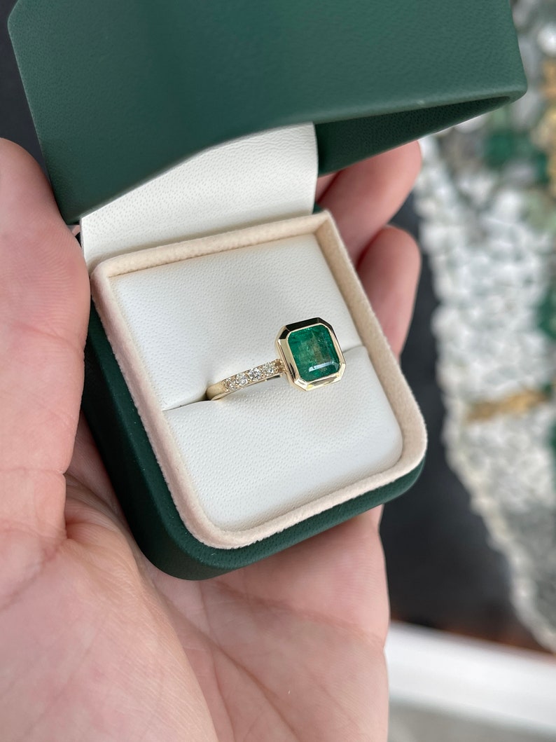 14K gold emerald bezel set ring with Asscher cut Colombian emerald and diamond accents, right-hand solitaire jewelry.