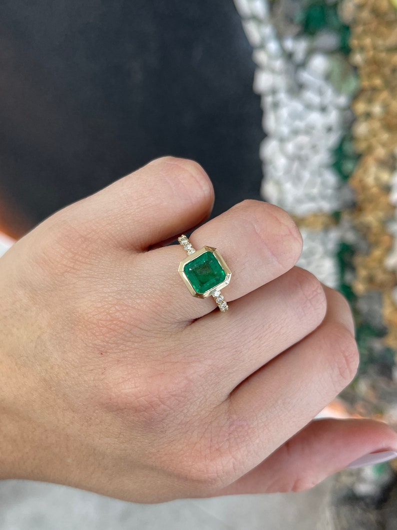 14K gold square emerald bezel set Asscher cut emerald ring with diamond accents, Colombian Emerald right hand solitaire ring.