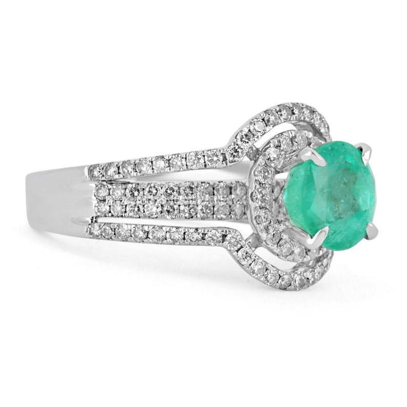 14K Colombian Emerald engagement ring with round cut emerald and diamond halo, featuring 3.40tcw gemstones.