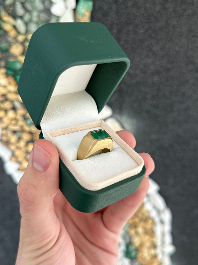 3.54ct 18K Large Dark Vivid Green Emerald Solitaire Men's Gold Satin Finish Gypsy Ring - JR Colombian Emeralds