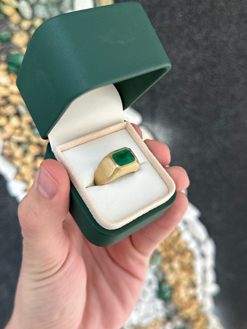 3.54ct 18K Large Dark Vivid Green Emerald Solitaire Men's Gold Satin Finish Gypsy Ring - JR Colombian Emeralds