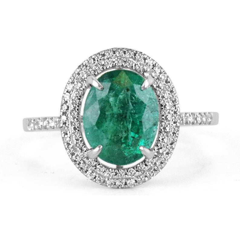14K white gold engagement ring with 3.16ct oval natural emerald and double diamond halo