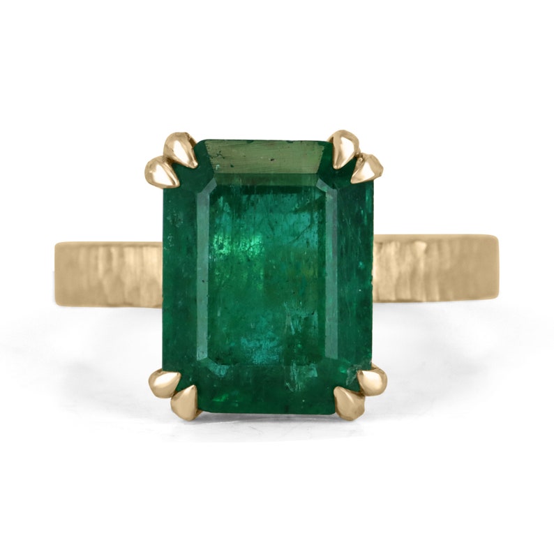 Colombian Emerald 4.45ct 18K matte hammered gold double claw prong emerald cut solitaire ring with rich dark green rustic finish.