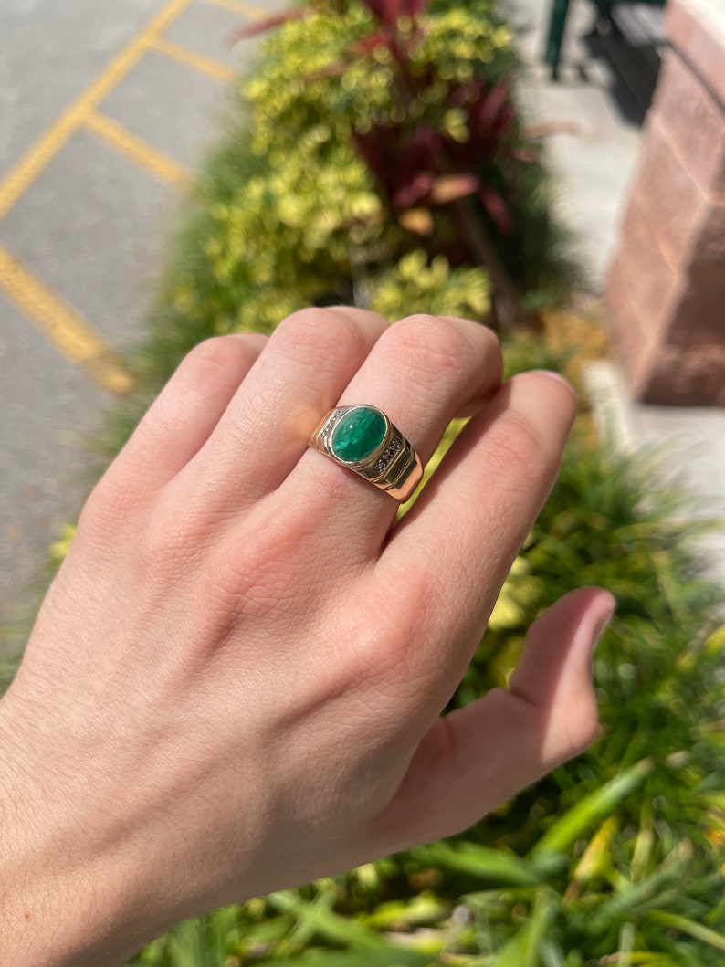 4.90tcw 14K Natural Emerald Cabochon Oval Cut Diamond Accent Mens Ring on Hand