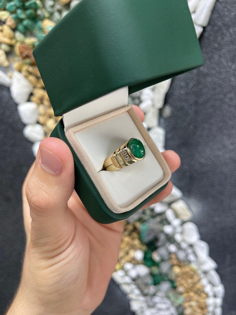 4.93tcw 14K Natural Emerald Cabochon Oval Cut Diamond Accent Mens Ring - JR Colombian Emeralds