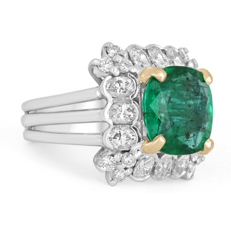 Colombian Emerald 18K gold cocktail ring with 6.79tcw emerald and diamonds, cushion cut and round brilliant stones, semi-transparent design