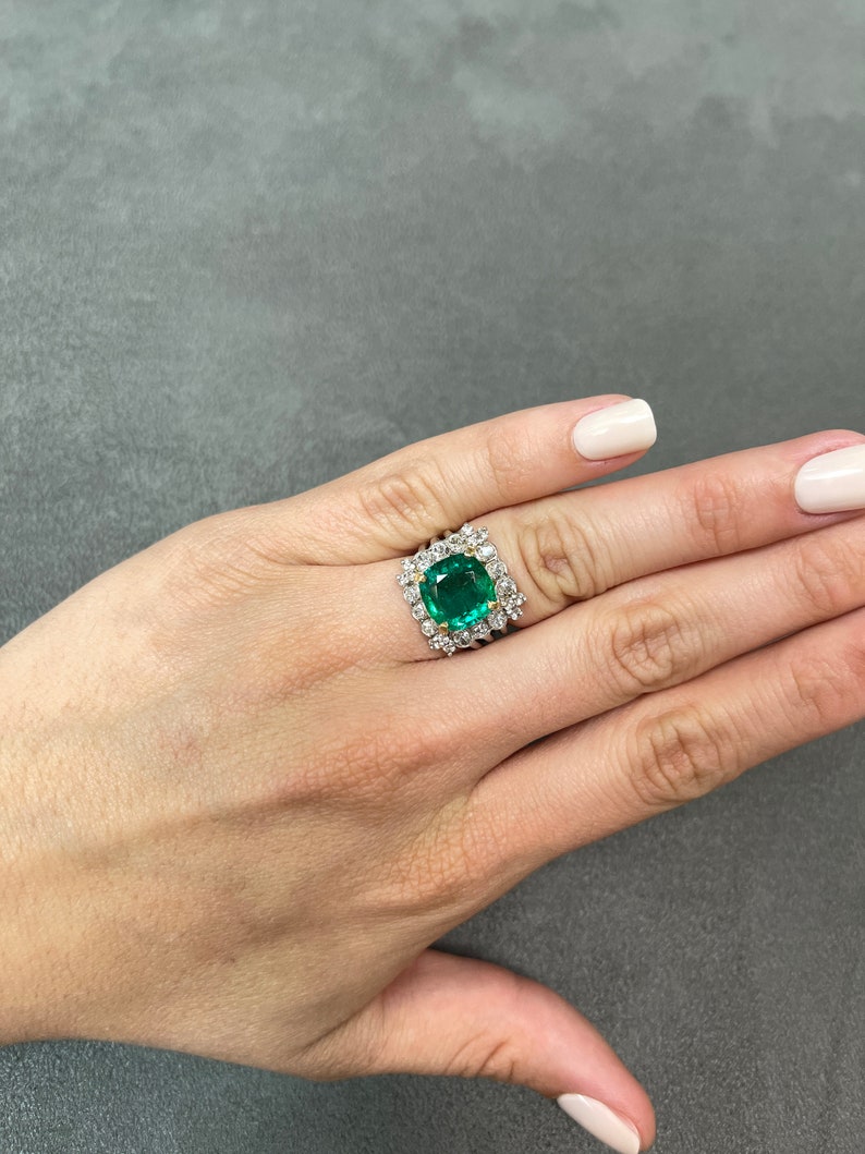 Emerald & Diamond Cushion Cut & Brilliant Round Cocktail Ring