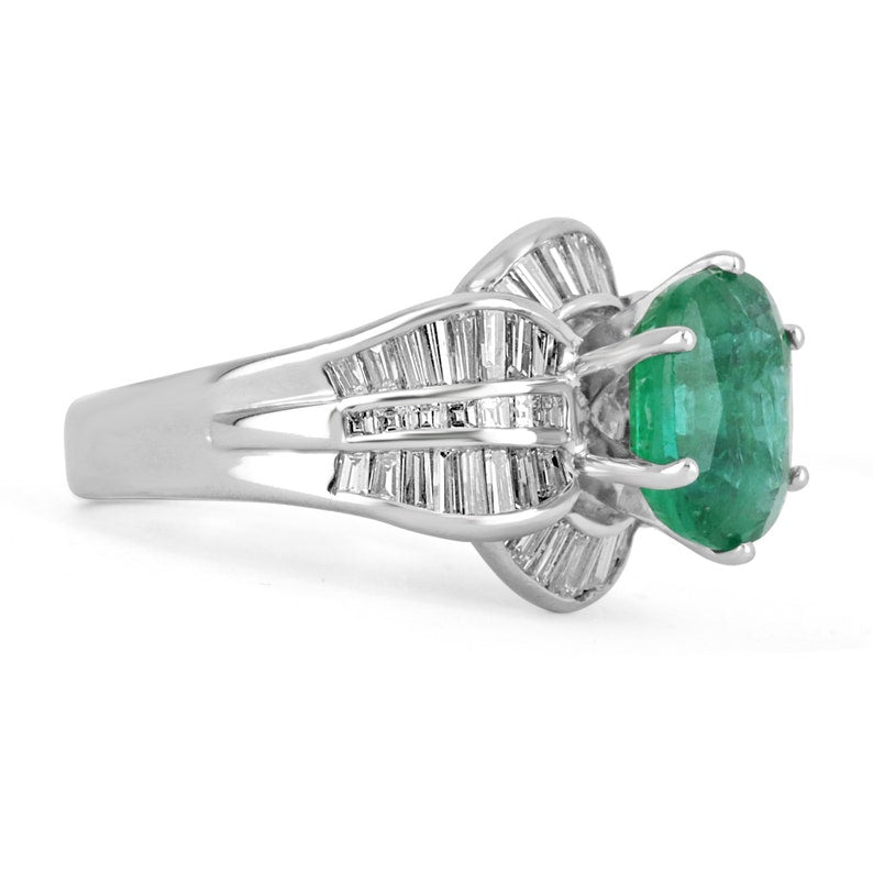 Antique 18K white gold ring with 3.77tcw natural emerald oval cut and diamond accents, Colombian Emerald brand.