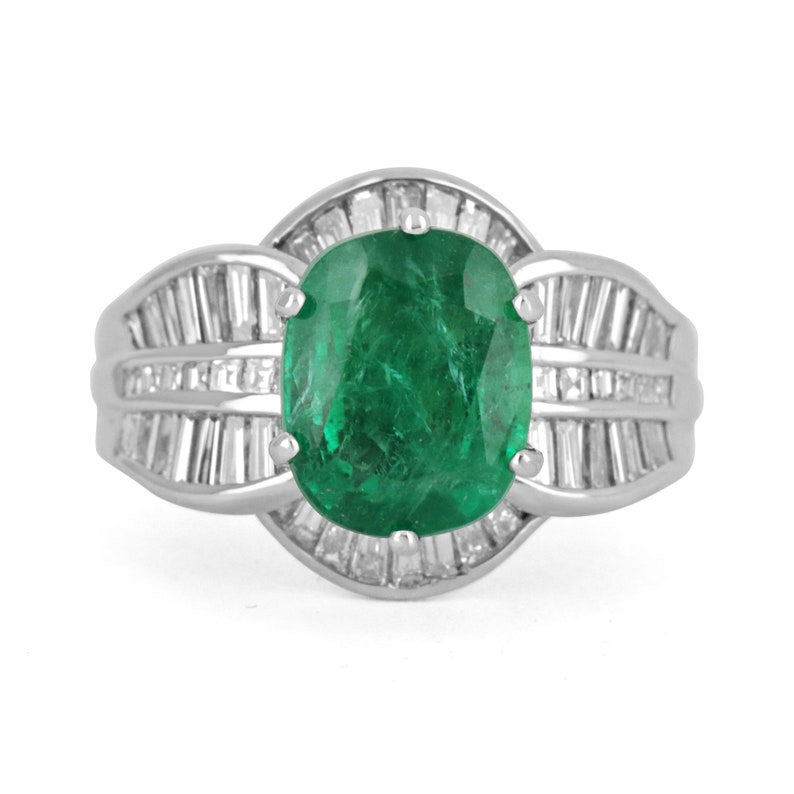 Antique 3.77tcw 18K white gold diamond and oval cut natural emerald ring by Colombian Emerald, featuring intricate vintage design.