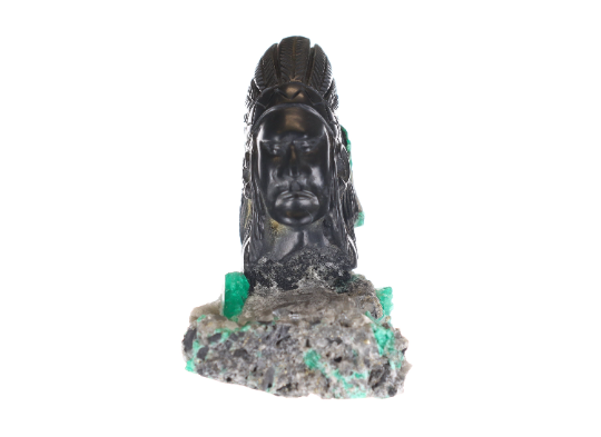 Artistic Red Skin Indian Rough Crystal Carving Featuring Colombian Emerald