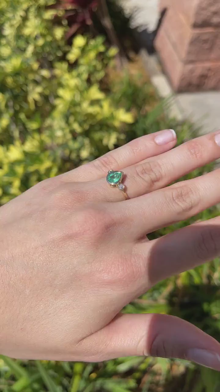 Dazzling Trio: 1.20tcw Bezel Set Tear Drop real Emerald & Diamond Modern Three Stone Ring - 14K Brilliance
