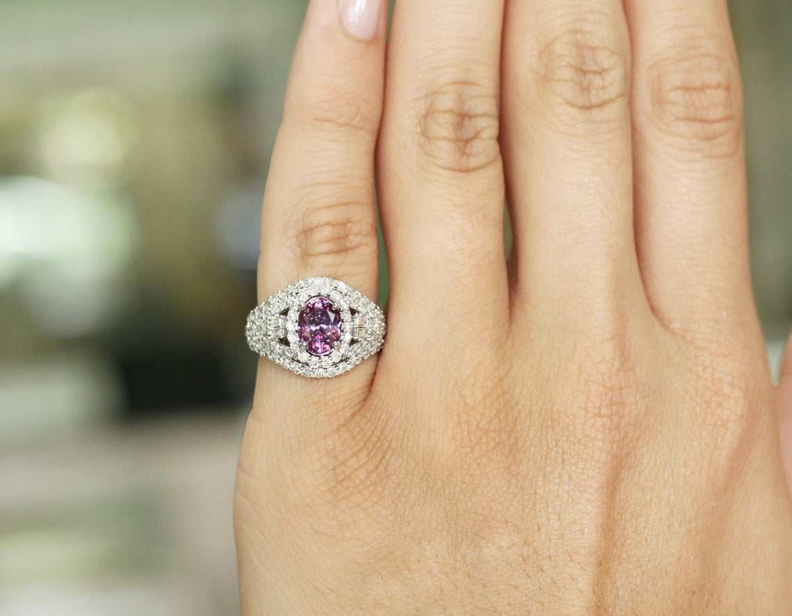 3.05tcw Vivid Pink Oval Sapphire & Diamond Halo Ring 14K