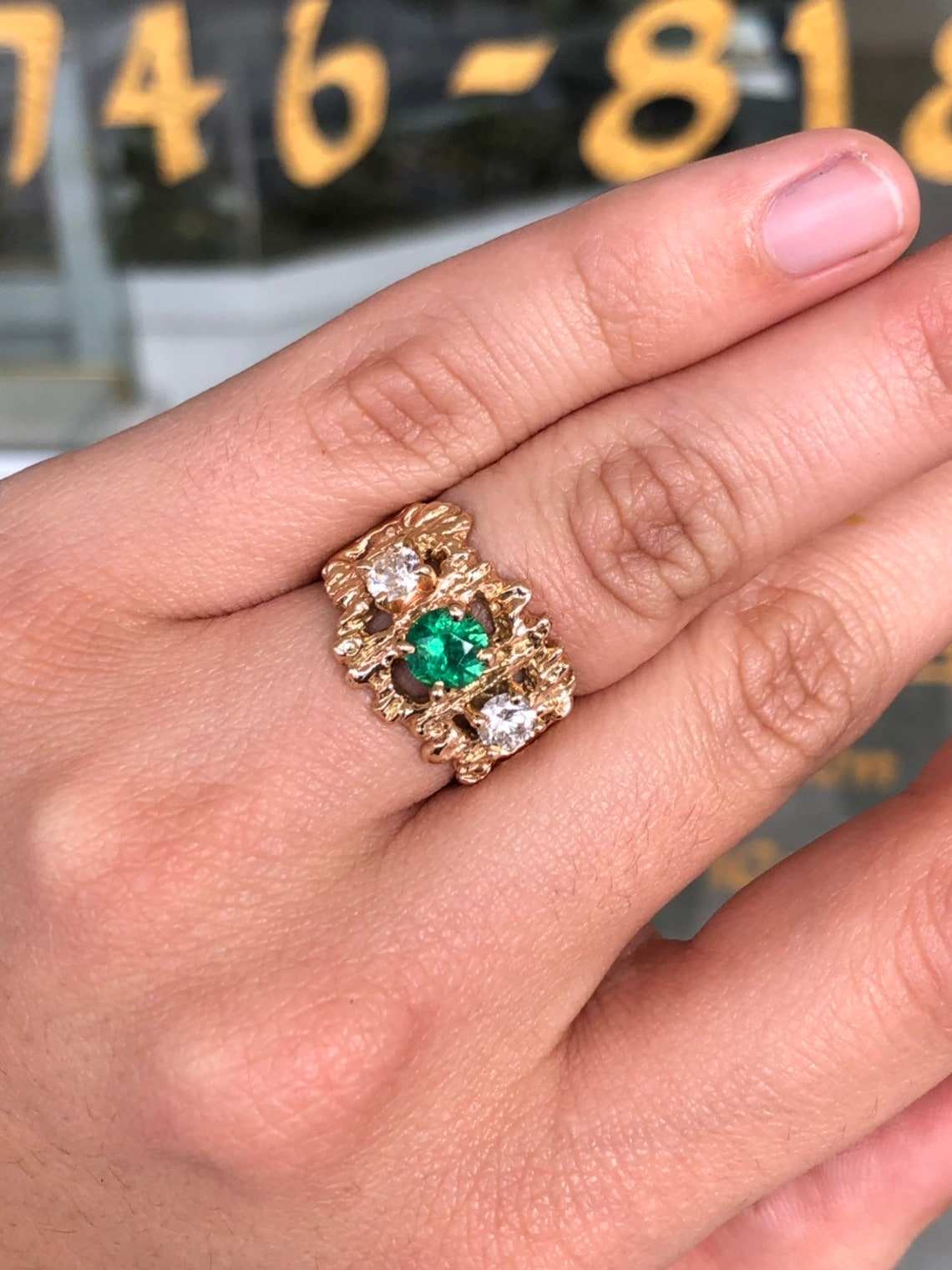 1.54tcw Natural Deep Green Round Emerald & Diamonds Hand Made Nugget Ring Solid 14K