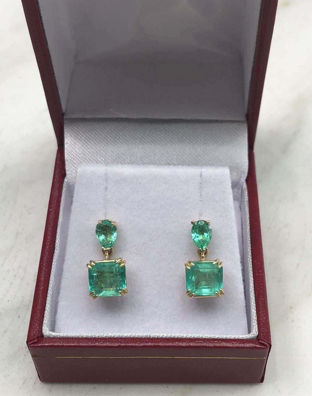 3.40tcw Classy Emerald Emerald Cut & Pear Dangle Earrings 14K
