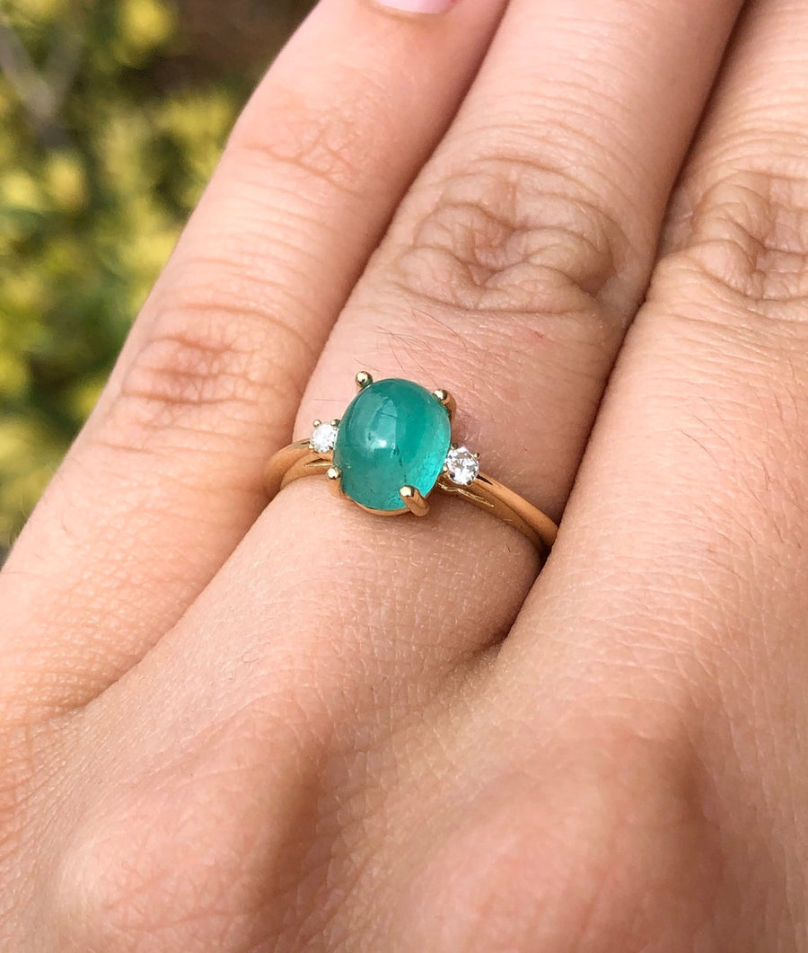 Chic and Sophisticated: Three Stone 2.46tcw Colombian Emerald Oval Cabochon & Round Diamond Ring in 14K Gold