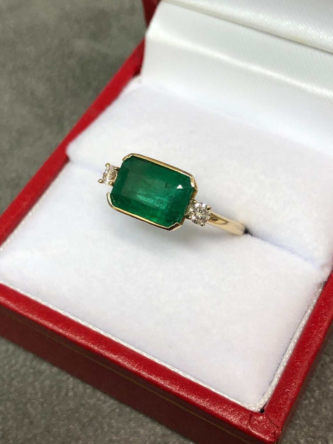 2.60tcw East To West Channel Set Natural Emerald & Diamond Three Stone Ring 14K