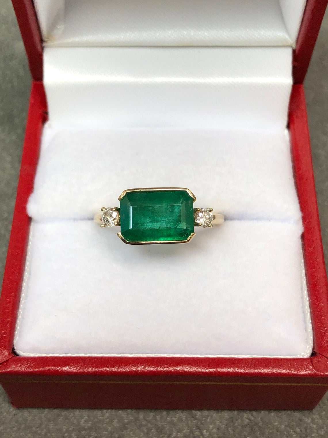 2.60tcw East To West Channel Set Natural Emerald & Diamond Three Stone Ring 14K