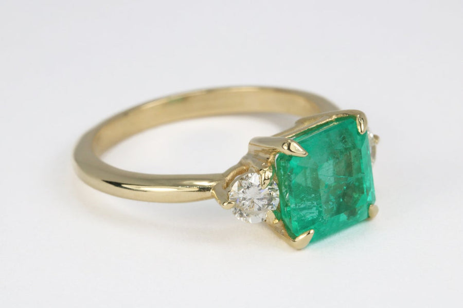 2.52tcw Classic Three Stone Emerald & Diamond Yellow Gold Ring 14K