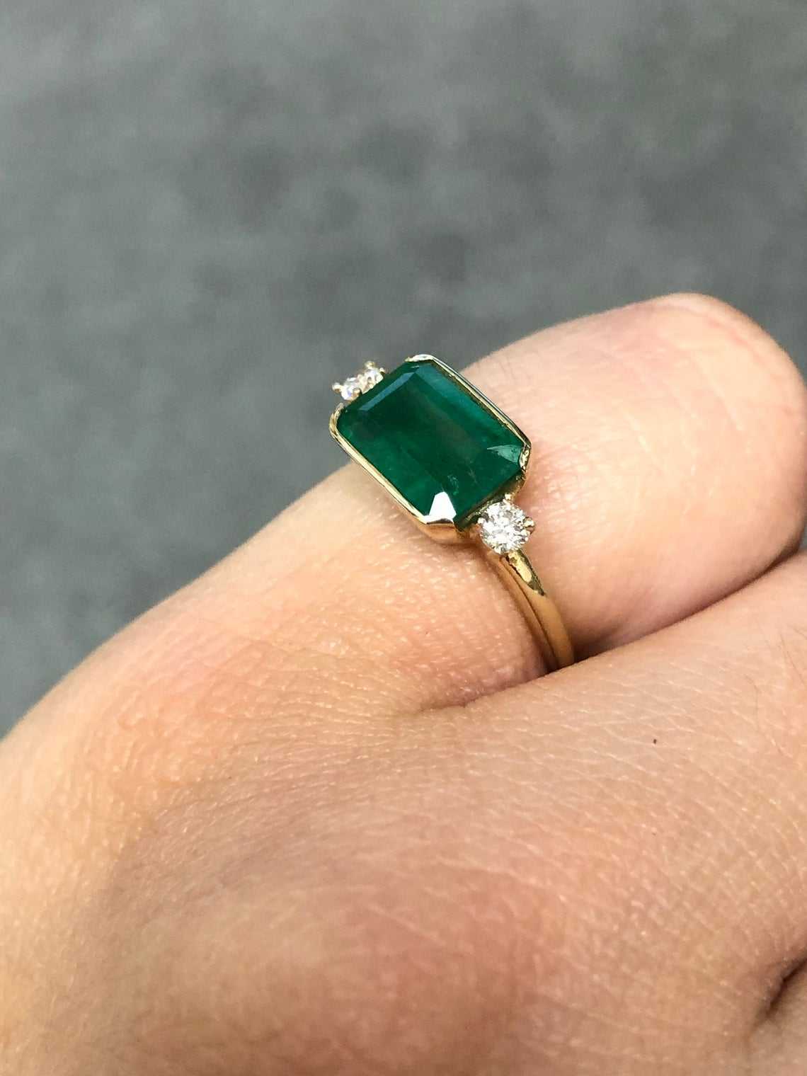 2.60tcw East To West Channel Set Natural Emerald & Diamond Three Stone Ring 14K