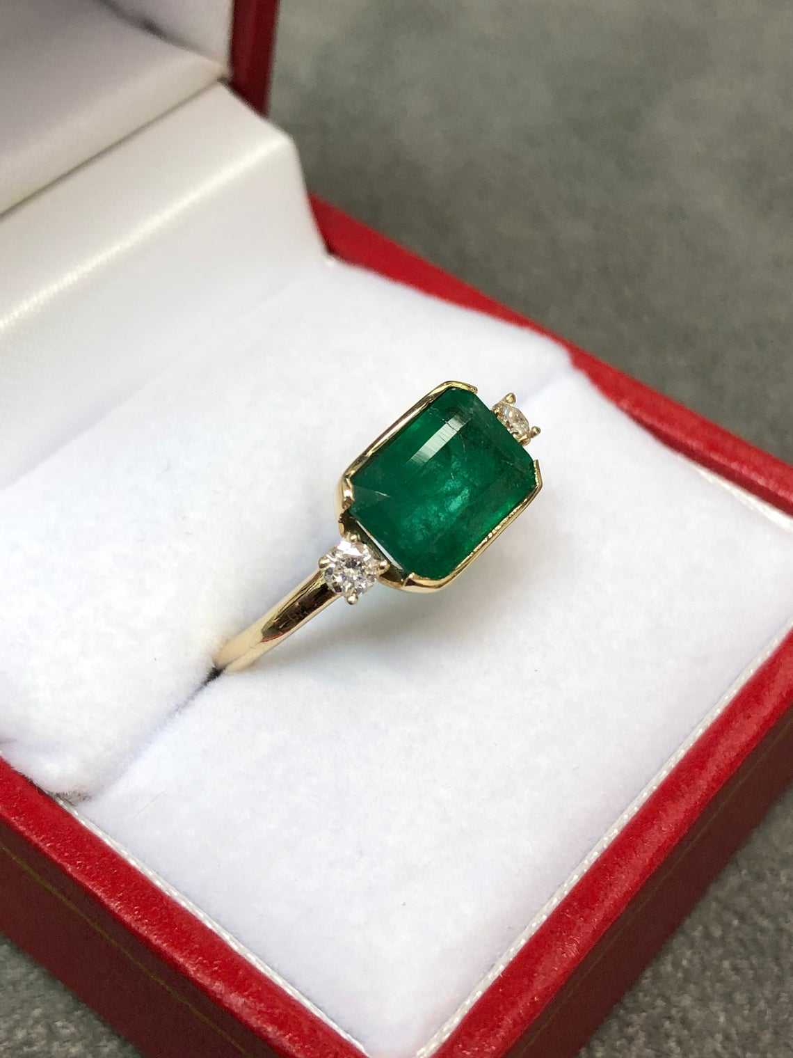 2.60tcw East To West Channel Set Natural Emerald & Diamond Three Stone Ring 14K