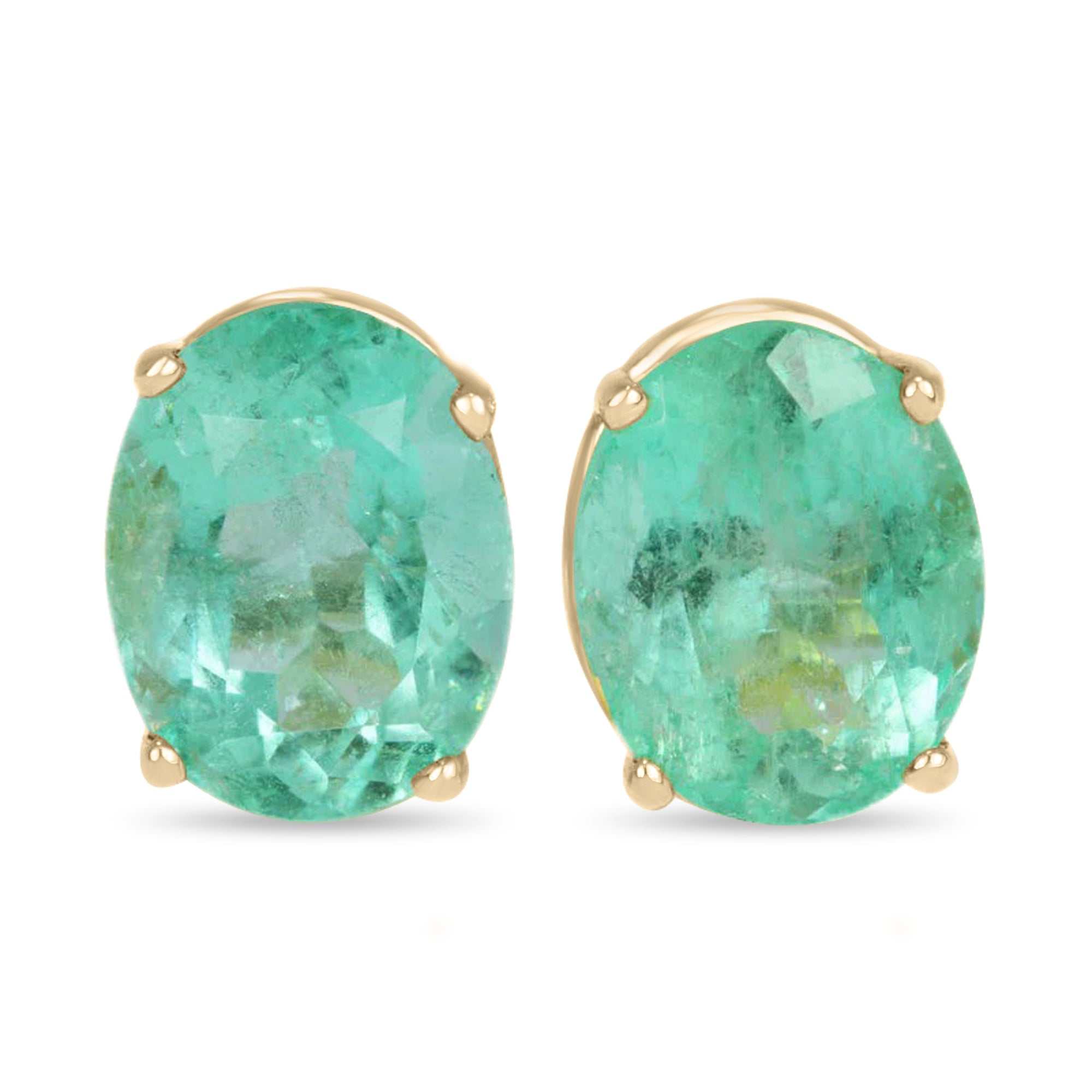 Chunky natural emerald oval cut stud earrings set in 14K yellow gold with four-prong mount