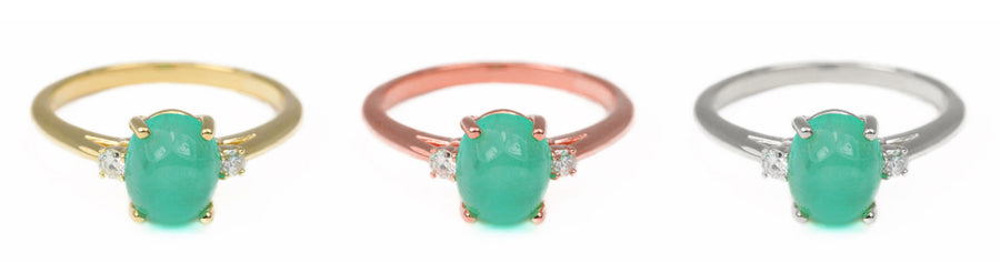 Celebrate Brilliance: 14K Gold Ring Featuring 2.46tcw Colombian Emerald Three Stone Oval Cabochon & Round Diamond