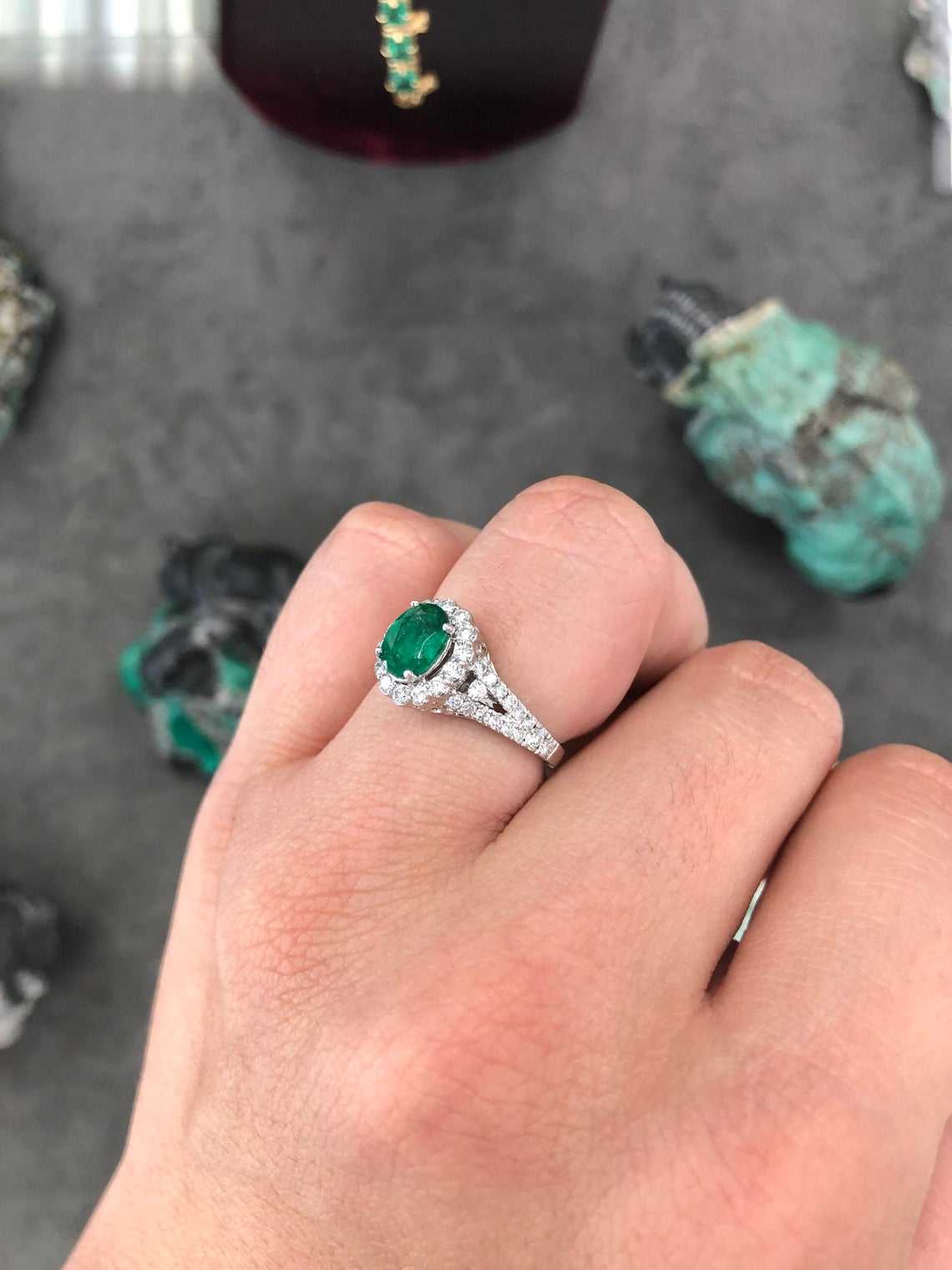 1.30tcw Oval Emerald & Diamond Halo Statement Ring 14K