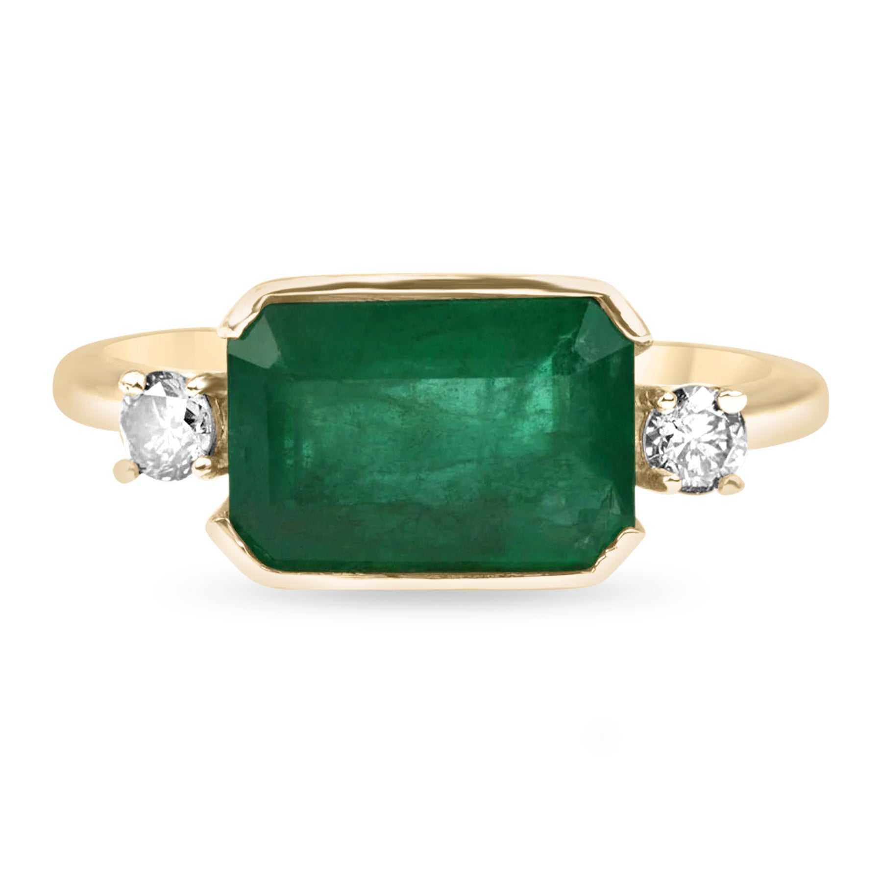2.60tcw East To West Channel Set Natural Emerald & Diamond Three Stone Ring 14K