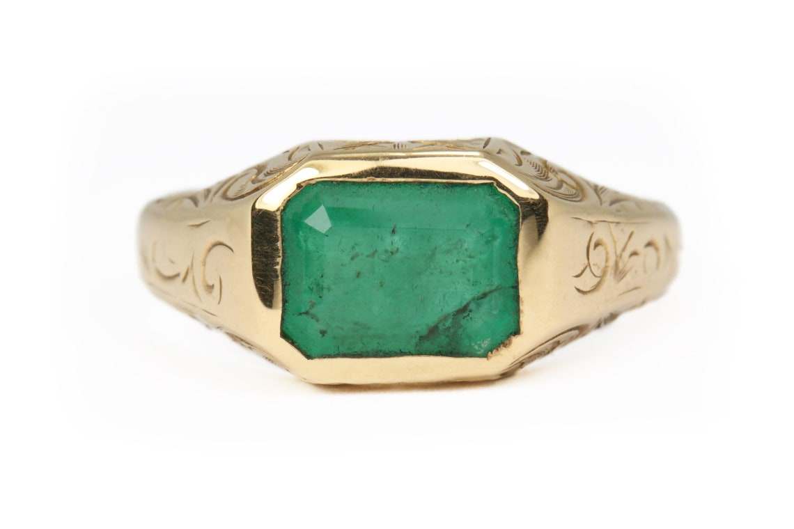 2.10tcw Natural Emerald Cut Mens Ring Yellow Gold 14K Vintage East to West Pinky Signet
