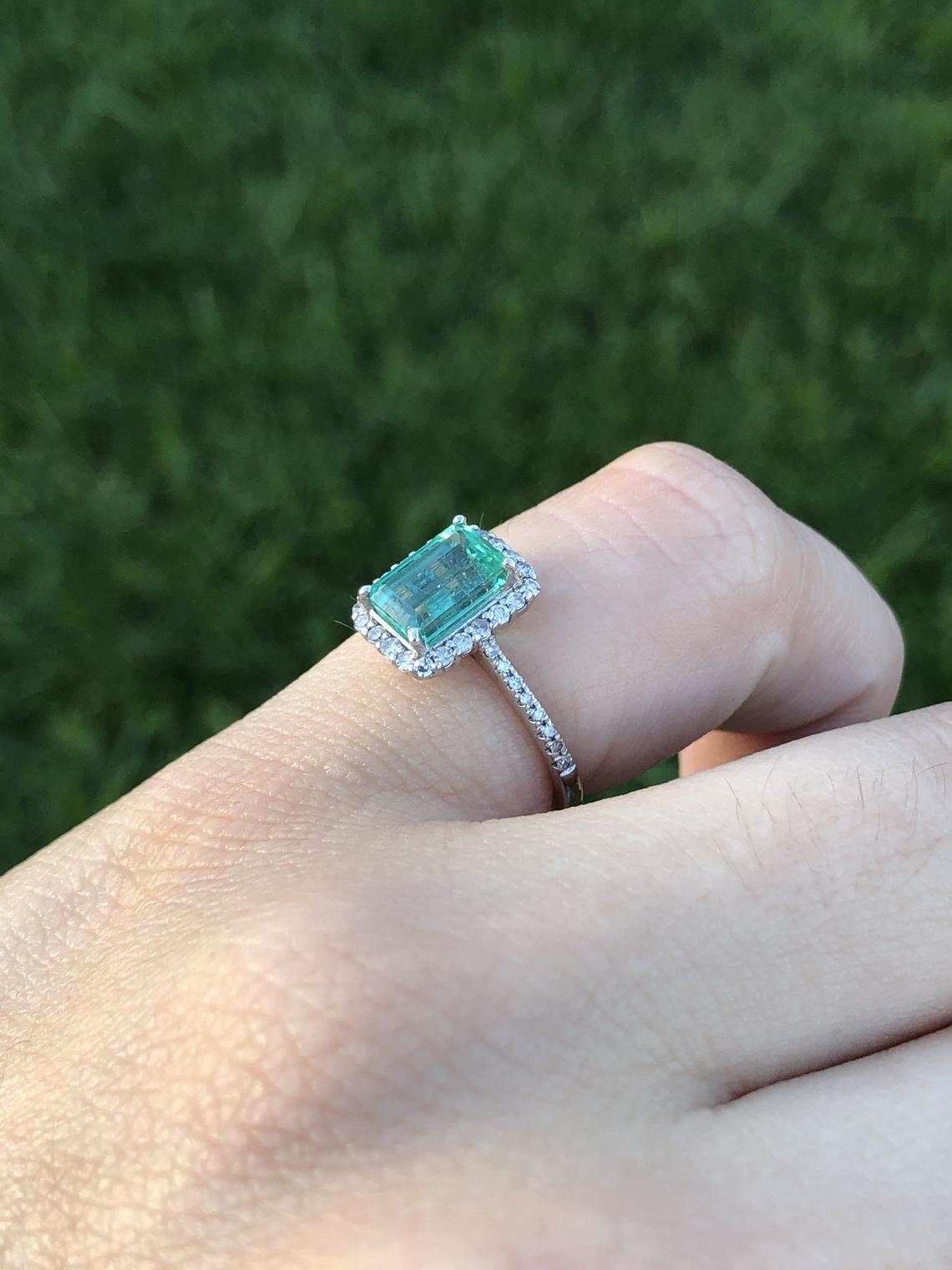 1.63tcw Sea Green Emerald Pave Diamond Halo Anniversary Ring 14K