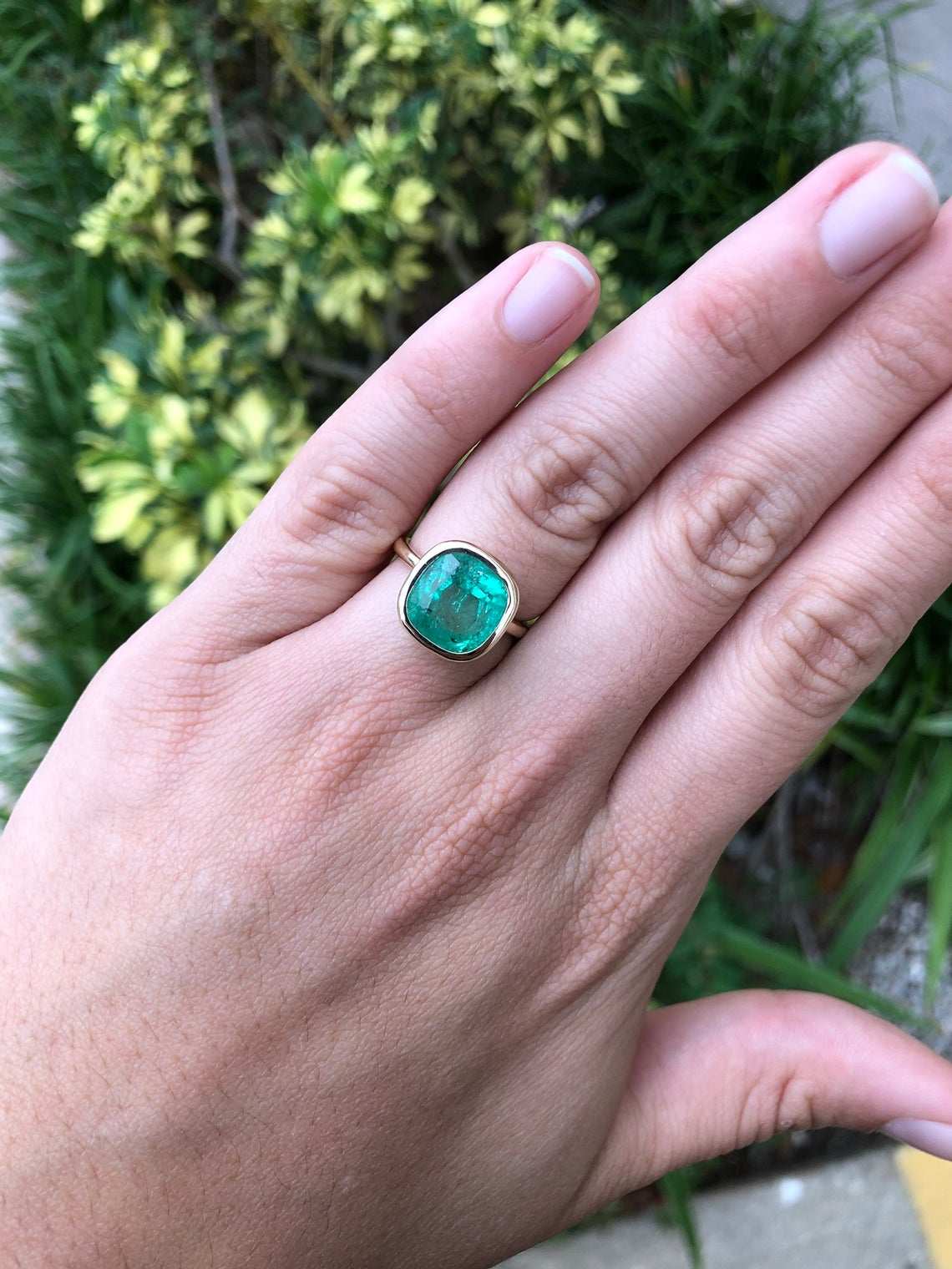 Cushion Colombian Emerald 6.12 carat Solitaire 14K Right Hand Ring present 14K