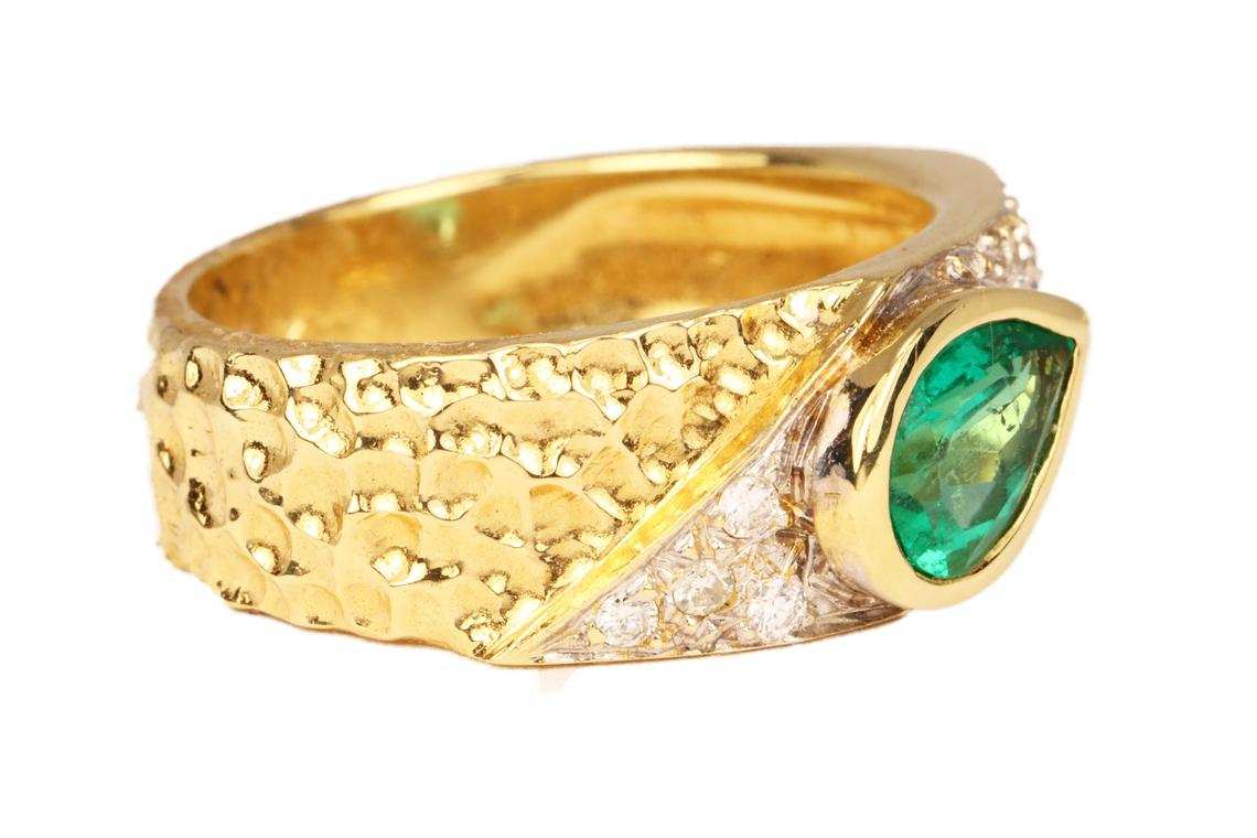 1.10tcw Vivid Green Tear Drop Emerald & Diamond Bezel Signet Ring 18K