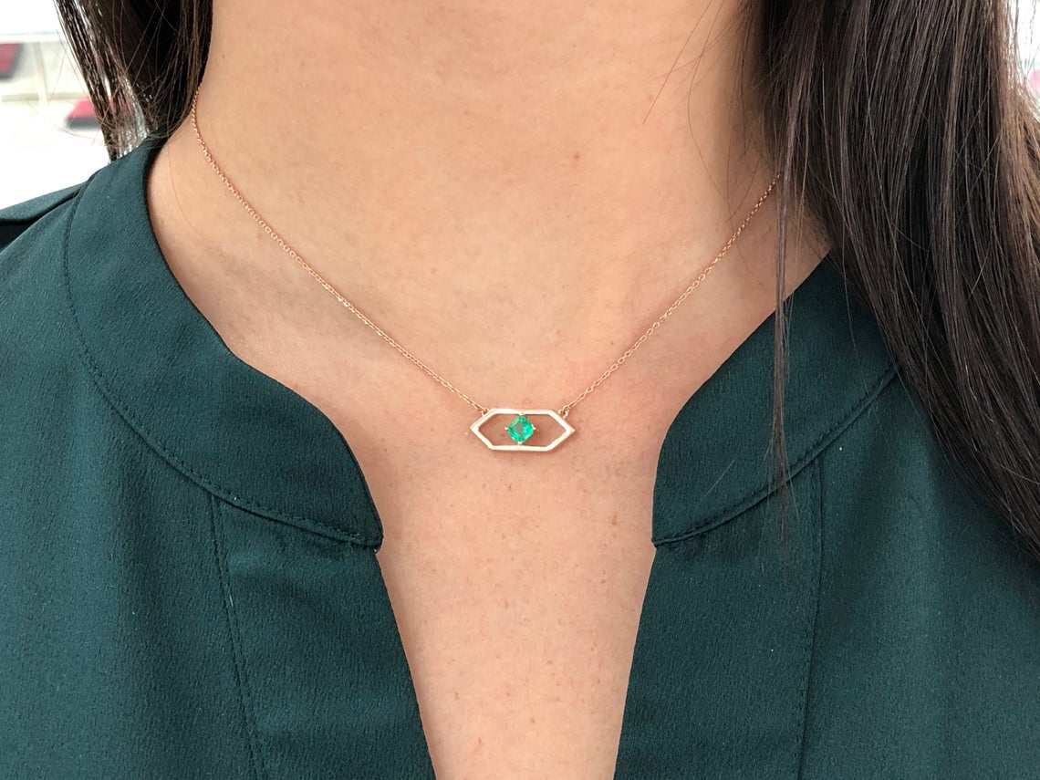 0.50 Carat Solitaire East To West Emerald Geometric Necklace 14K