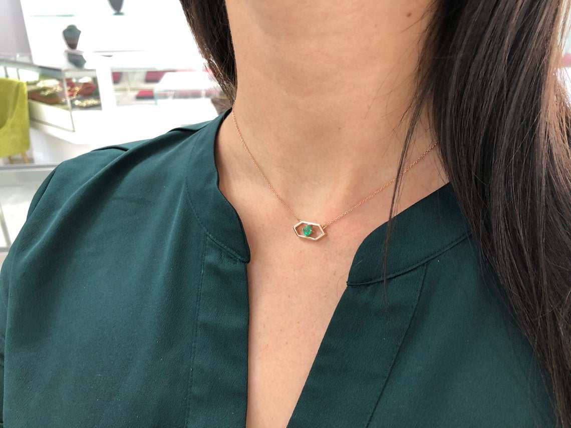 0.50 Carat Solitaire East To West Emerald Geometric Necklace 14K