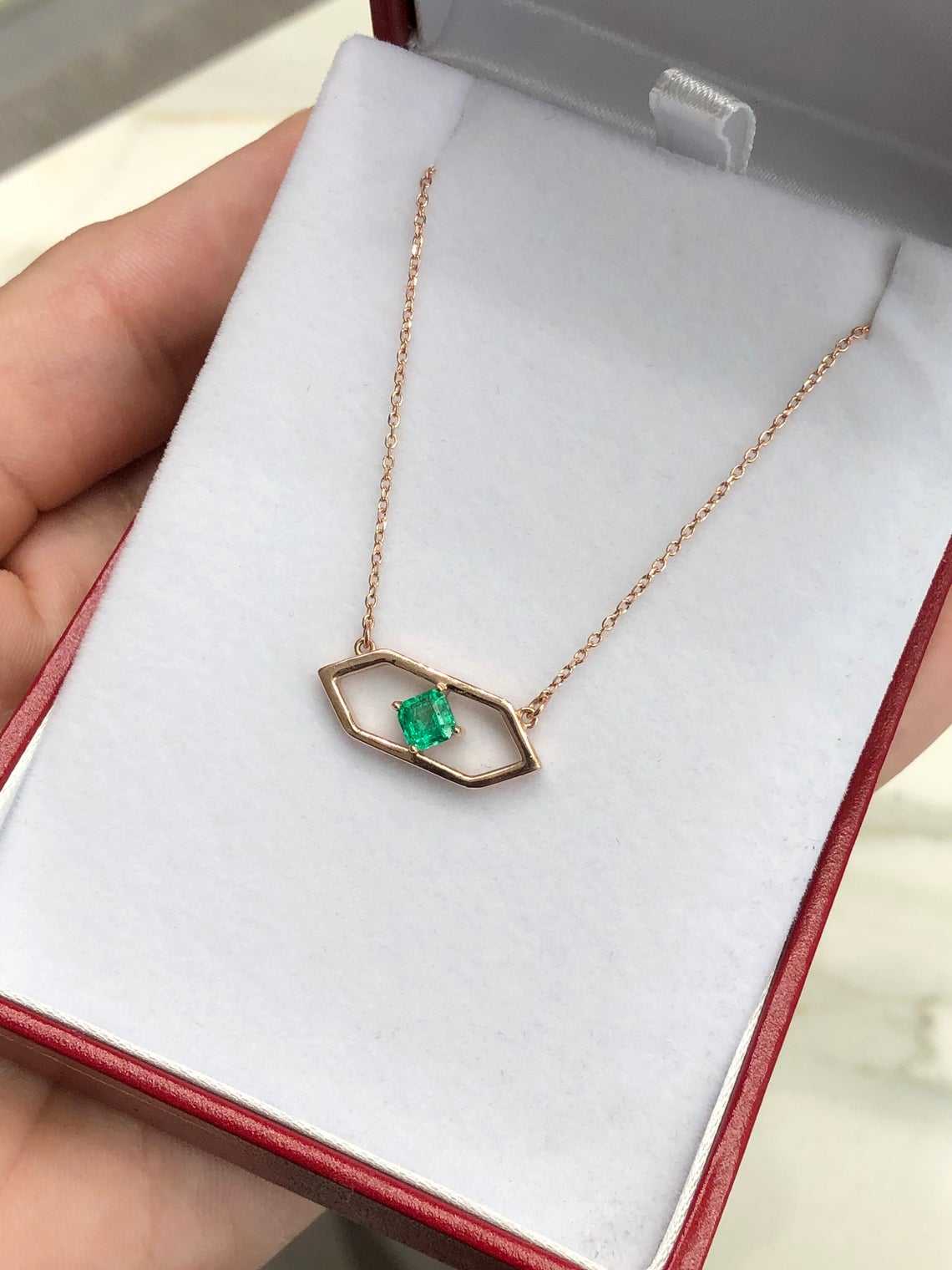 0.50 Carat Solitaire East To West Emerald Geometric Necklace 14K