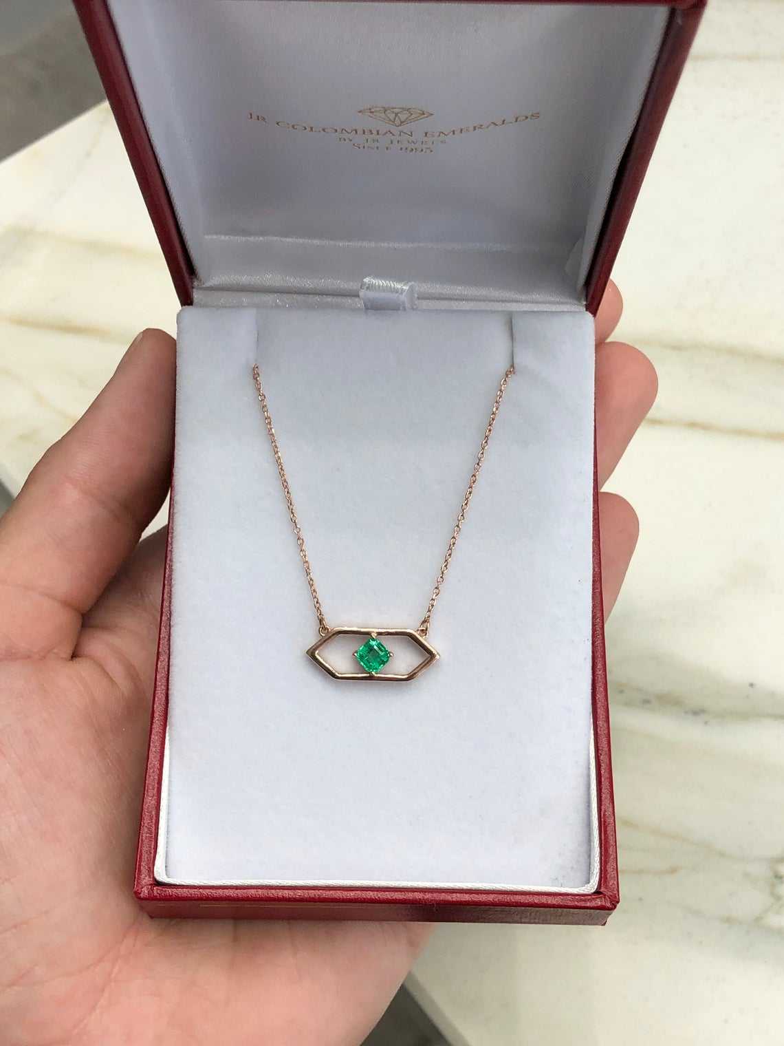 0.50 Carat Solitaire East To West Emerald Geometric Necklace 14K