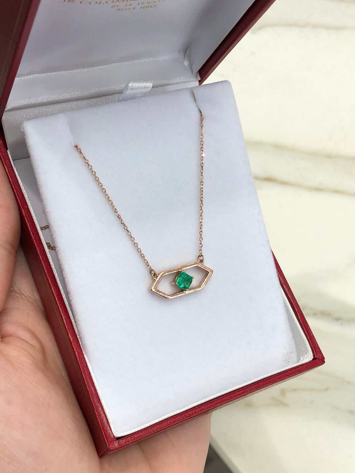 0.50 Carat Solitaire East To West Emerald Geometric Necklace 14K