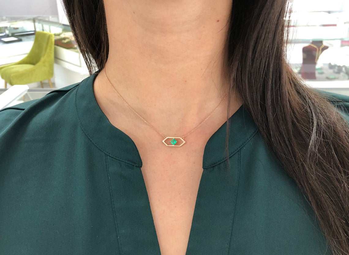 0.50 Carat Solitaire East To West Emerald Geometric Necklace 14K