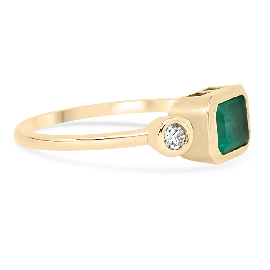 Dazzling Horizon: 1.05tcw East to West Bezel Set Green Emerald & Diamond Ring - 14K Gold Brilliance
