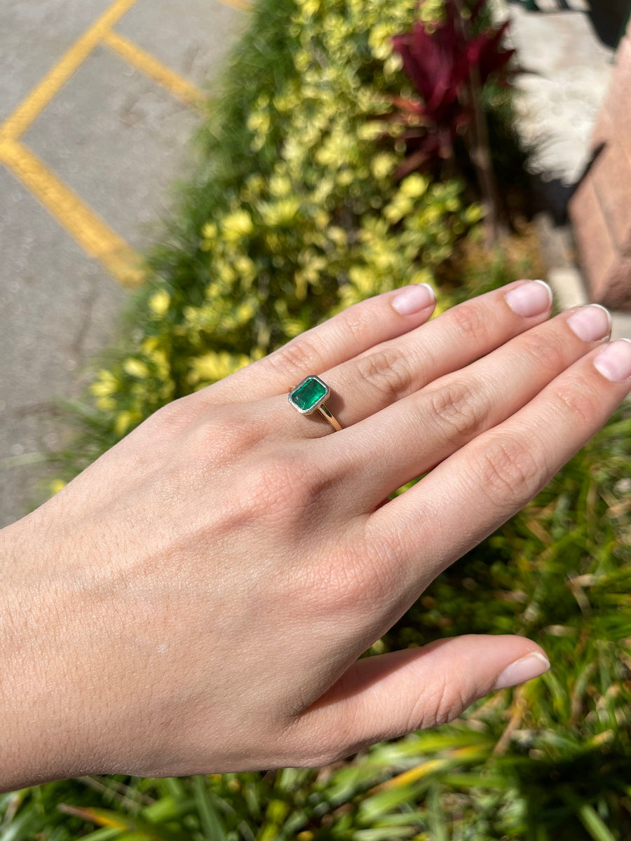 Celebrate Sophistication: Bezel Set 1.10 Carat Dark Green Emerald Cut Emerald Stackable 14K Gold Ring