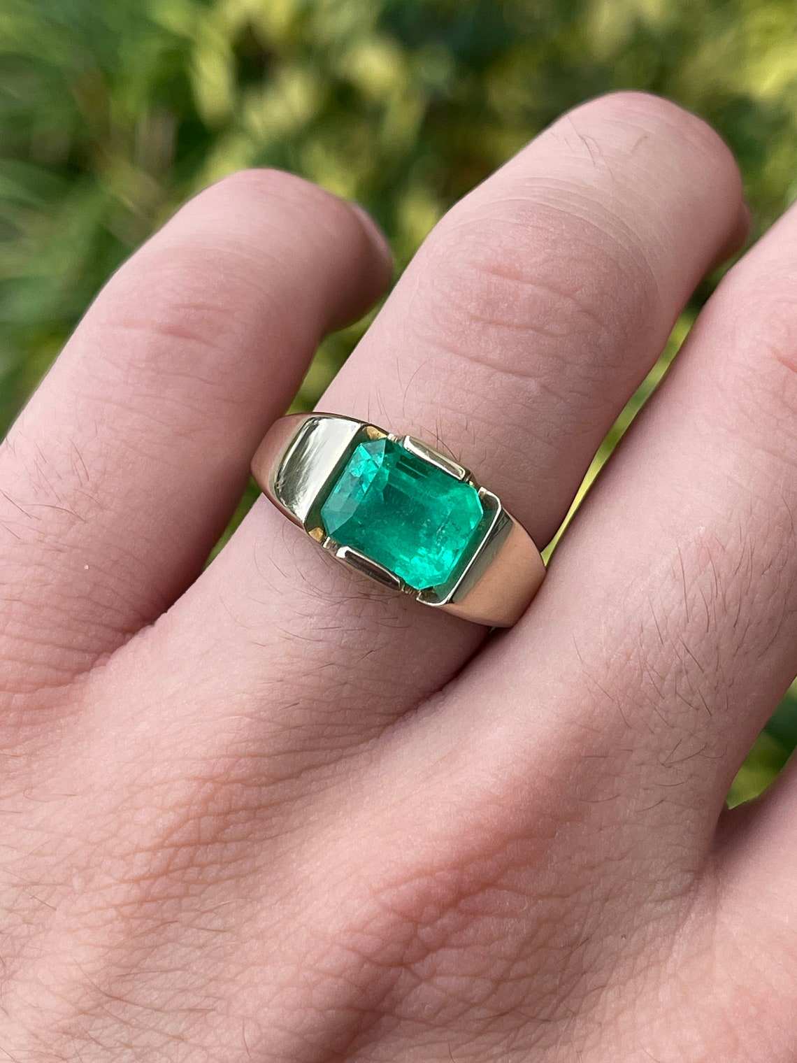 3.52 Carat East to West Colombian Emerald Tension Set Mens Ring 14K